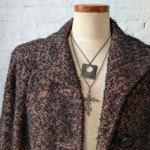 Vintage Black Rusty Fuzzy Wool Trench Coat Preppy Knit Boucle Boho Breezy Jacket - Picture 2 of 12